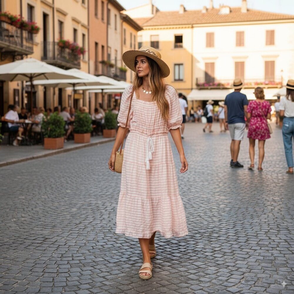 MOON RIVER Puff Sleeve Midi Dress-Pink Stripe Size Small NWT